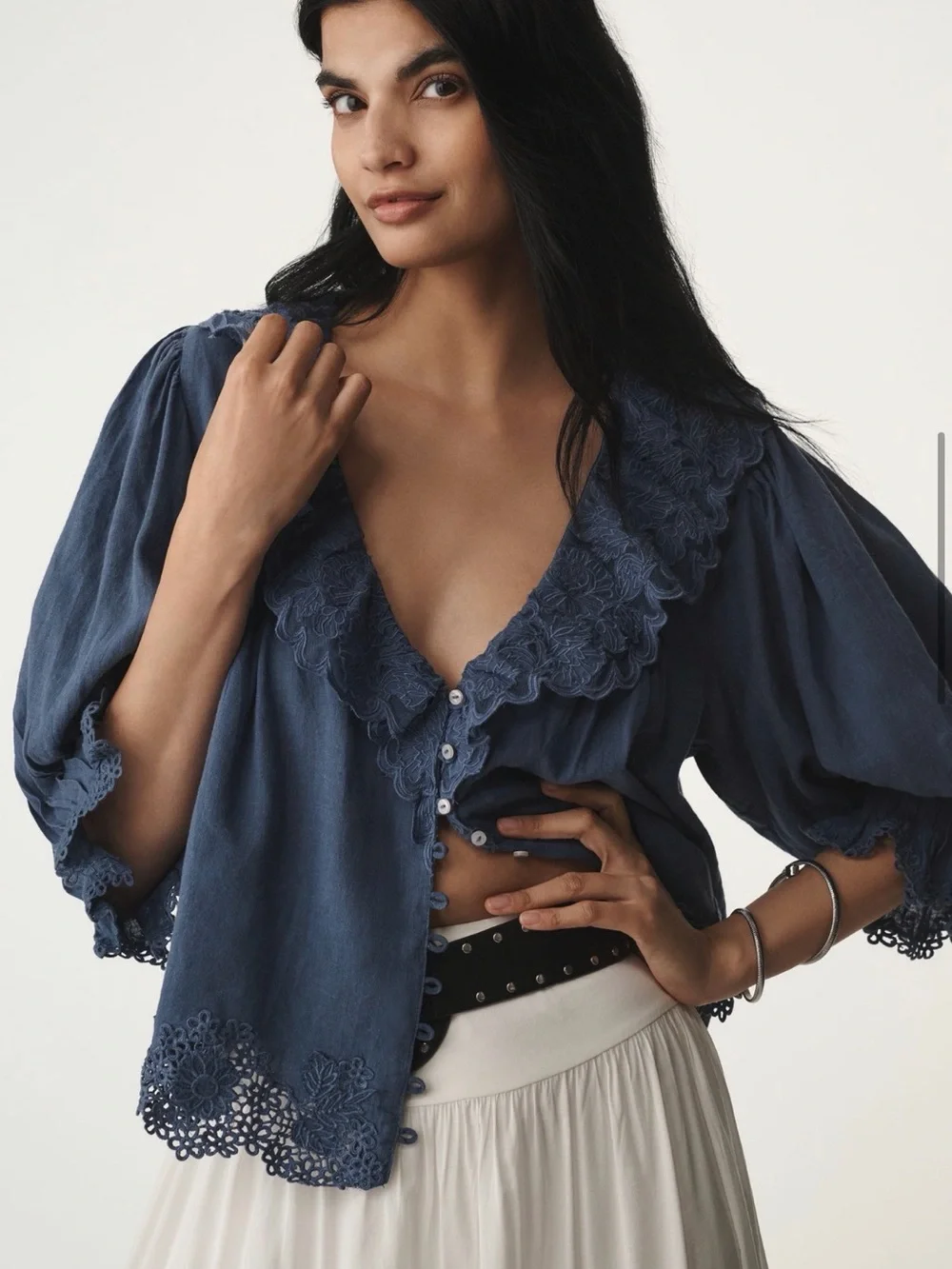 Linen Blend Lace-Collar Blouse - Picture 1 of 9